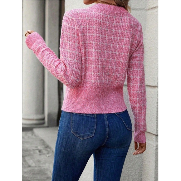 Hot Pink Plaid Button Up Cardigan Knit Long Sleeve Stretchy - Picture 6 of 8